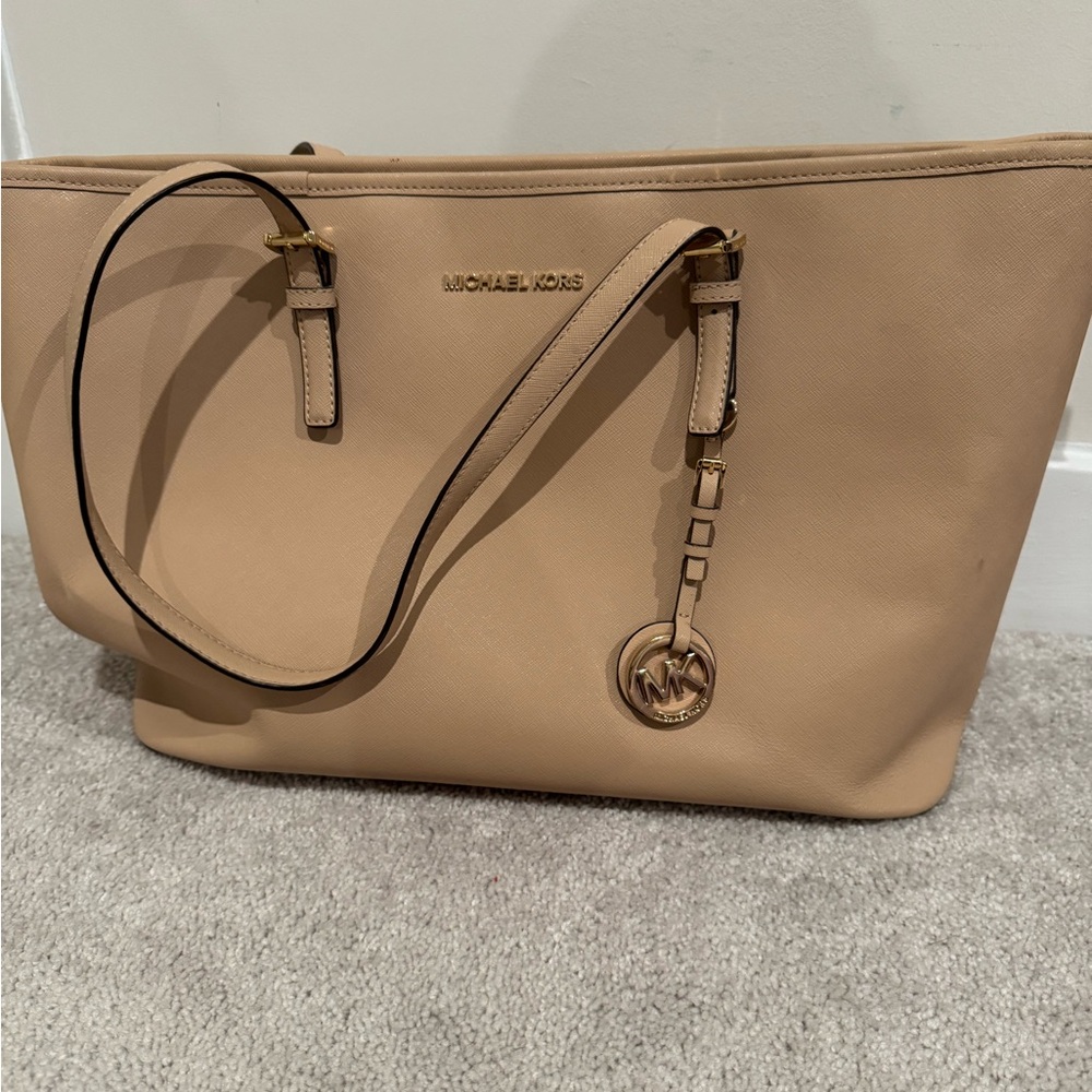 Michael Kors Tan Saffiano Leather Tote Bag with Silver Hardware